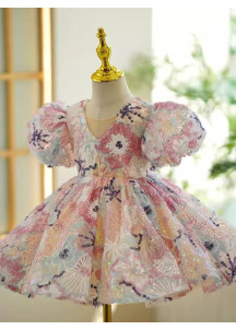 robe cérémonie fille motifs floraux à sequins et des perles avec jupe évasée