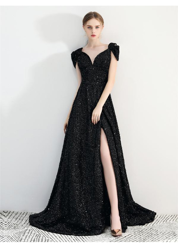 Black sequin evening gown with V-neckline