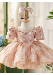 robe cérémonie fille à sequins scintillants rose poudré avec jupe volumineuse