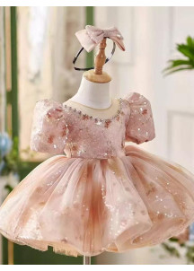 Sparkling Rose Pink Sequin Girl's Ceremony Dress with Full Skirt