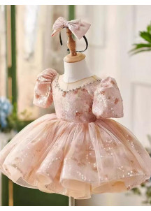 robe cérémonie fille à sequins scintillants rose poudré avec jupe volumineuse