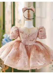 robe cérémonie fille à sequins scintillants rose poudré avec jupe volumineuse