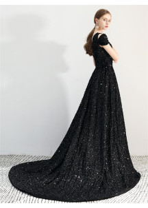 Black sequin evening gown with V-neckline