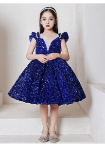 robe cérémonie fille princesse bleu nuit étincelant avec petites manches volantées