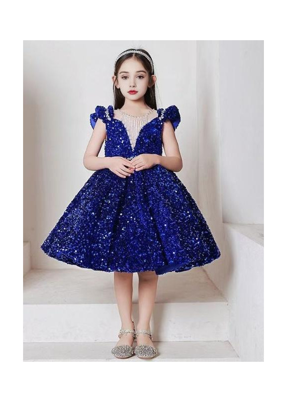 robe cérémonie fille princesse bleu nuit étincelant avec petites manches volantées