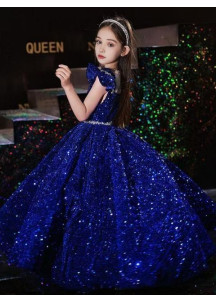 robe cérémonie fille princesse bleu nuit étincelant avec petites manches volantées