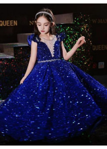 robe cérémonie fille princesse bleu nuit étincelant avec petites manches volantées