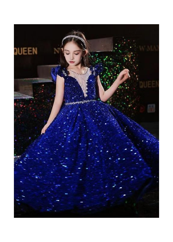 robe cérémonie fille princesse bleu nuit étincelant avec petites manches volantées