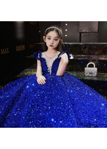 robe cérémonie fille princesse bleu nuit étincelant avec petites manches volantées