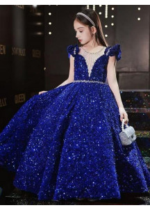 robe cérémonie fille princesse bleu nuit étincelant avec petites manches volantées