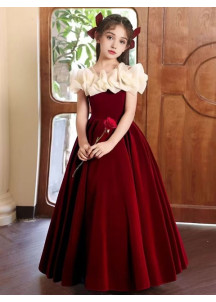 robe cérémonie fille en velour rouge bordeaux épaules à volants en organza crème