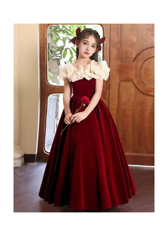 robe cérémonie fille en velour rouge bordeaux épaules à volants en organza crème