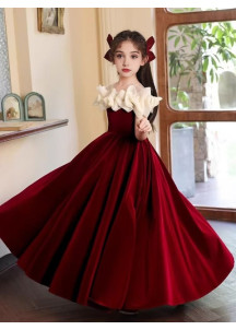 robe cérémonie fille en velour rouge bordeaux épaules à volants en organza crème