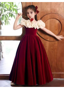 robe cérémonie fille en velour rouge bordeaux épaules à volants en organza crème