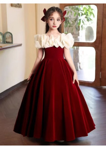 robe cérémonie fille en velour rouge bordeaux épaules à volants en organza crème