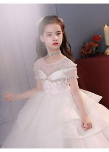 Vestido de Bautismo para Pequeñas Princesas - Tul Blanco con Bordado de Perlas y Lentejuelas