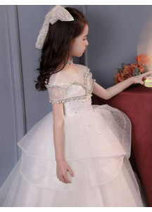 Vestido de Bautismo para Pequeñas Princesas - Tul Blanco con Bordado de Perlas y Lentejuelas