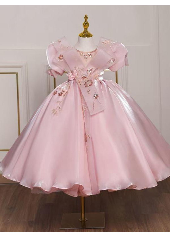 robe réception fille en tulle rose princesse avec broderies florales