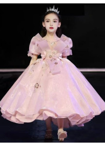 robe réception fille en tulle rose princesse avec broderies florales