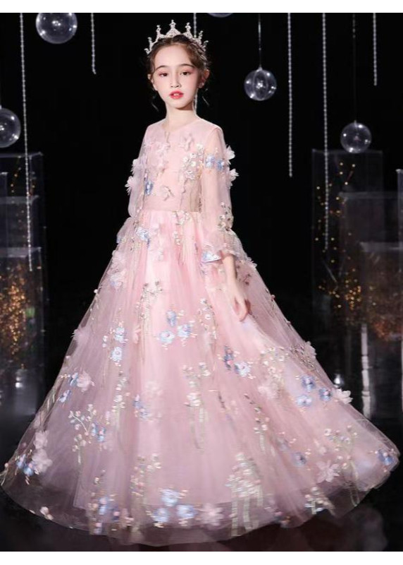 robe réception fille en tulle rose princesse brodé de fleurs multicolores