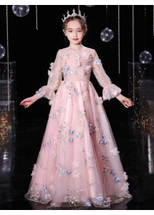 robe réception fille en tulle rose princesse brodé de fleurs multicolores