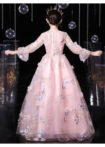 robe réception fille en tulle rose princesse brodé de fleurs multicolores