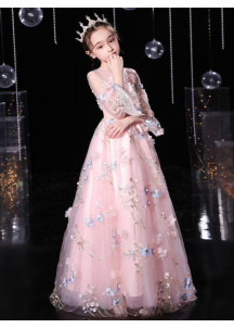 robe réception fille en tulle rose princesse brodé de fleurs multicolores