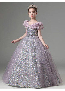 Vestido de Recepción para Pequeñas Princesas - Con Lentejuelas de Plata y Tul de Lila