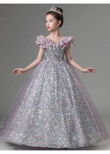 robe réception fille à sequins argentés recouvert de tulle lilas