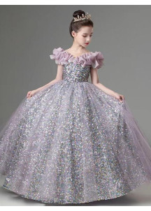 robe réception fille à sequins argentés recouvert de tulle lilas