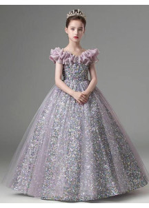 Vestido de Recepción para Pequeñas Princesas - Con Lentejuelas de Plata y Tul de Lila