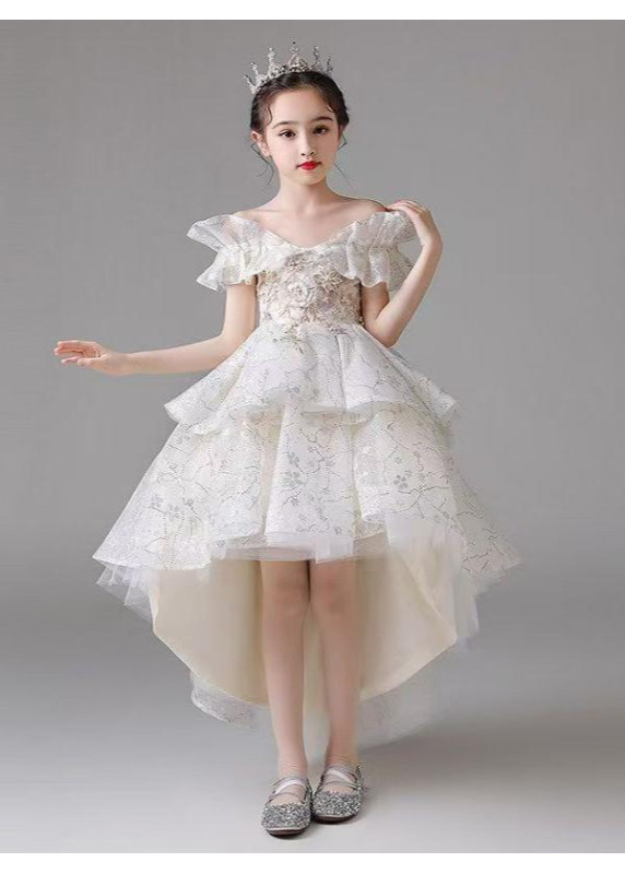 Gala Evening Dress for Little Princess - Asymmetrical Cut with Floral Embroidery and Sequins