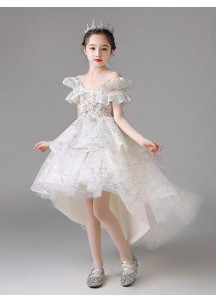 robe soirée de gala petite fille coupe asymétrique orné de broderies florales et de sequins