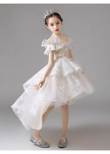 Gala Evening Dress for Little Princess - Asymmetrical Cut with Floral Embroidery and Sequins