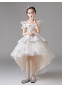 Gala Evening Dress for Little Princess - Asymmetrical Cut with Floral Embroidery and Sequins