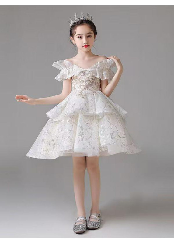 Gala Evening Dress for Little Princess - Asymmetrical Cut with Floral Embroidery and Sequins