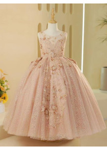 Evening Dress for Little Girl - Rose Tulle with Golden Floral Embroidery