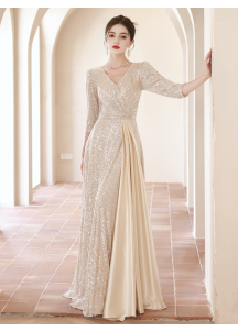 Shimmering sequin evening gown with long sleeves