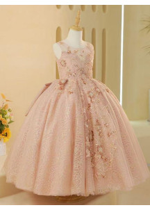 Evening Dress for Little Girl - Rose Tulle with Golden Floral Embroidery