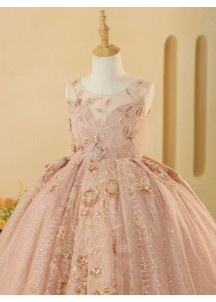 Evening Dress for Little Girl - Rose Tulle with Golden Floral Embroidery