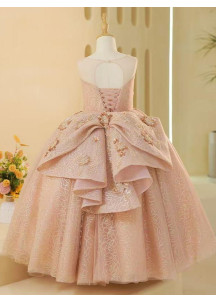 Evening Dress for Little Girl - Rose Tulle with Golden Floral Embroidery