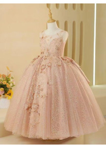 Evening Dress for Little Girl - Rose Tulle with Golden Floral Embroidery