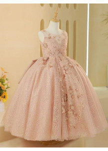 Evening Dress for Little Girl - Rose Tulle with Golden Floral Embroidery