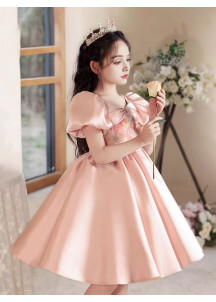 Spring Wedding Dress for Little Girl - Rose Satin with Floral Print