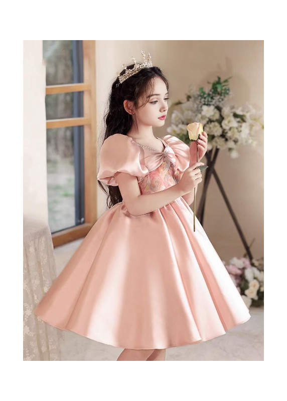 Spring Wedding Dress for Little Girl - Rose Satin with Floral Print