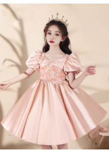 Spring Wedding Dress for Little Girl - Rose Satin with Floral Print