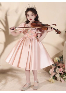 Spring Wedding Dress for Little Girl - Rose Satin with Floral Print