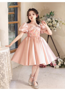 Spring Wedding Dress for Little Girl - Rose Satin with Floral Print