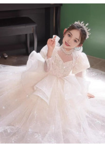 White Tulle Flower Girl Dress with Silver Glitter