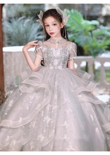 Silver Gray Tulle Baptism Dress with Claudine Collar and Layered Ruffles